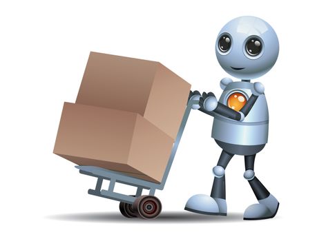 illustration of a happy droid little robot pushing box in a cart on isolated white background