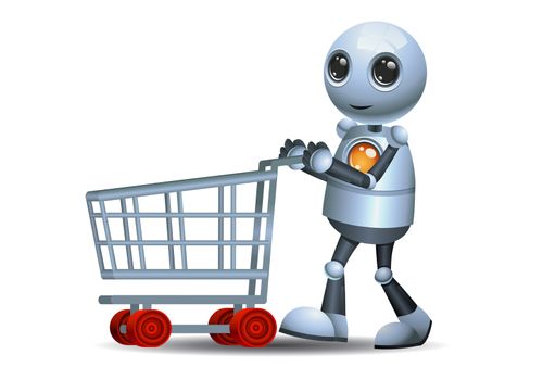 illustration of a happy droid little robot push shopping cart on isolated white background