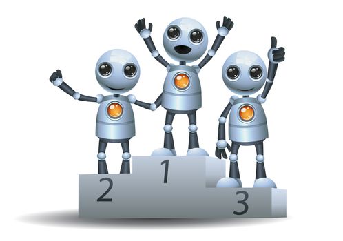 illustration of a happy droid little robot on top of winner podium on isolated white background