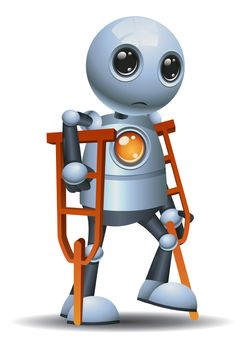 illustration of a happy droid little robot leg injury on isolated white background