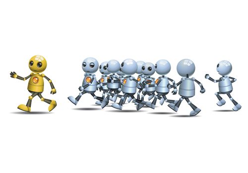 illustration of a happy droid little robot leading of running pack on isolated white background