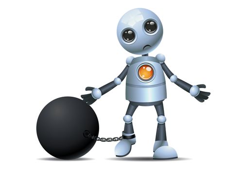 illustration of a happy droid little robot in chain as a prisoner on isolated white background