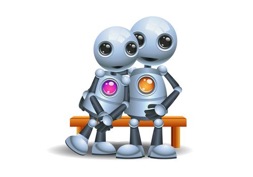 illustration of a happy droid little robot hugging sit on bench on isolated white background