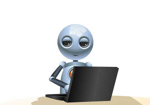 illustration of a happy droid little robot playing computer on isolated white background