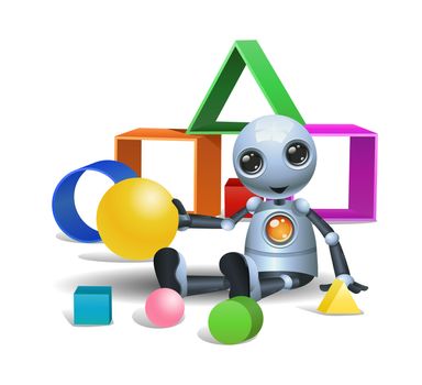 illustration of a happy droid little robot play boxes on isolated white background