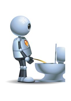 illustration of a happy droid little robot pee on toilet on isolated white background