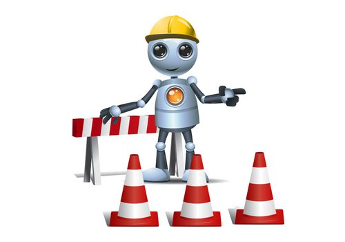 illustration of a happy droid little robot on under construction site on isolated white background