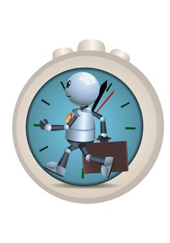 illustration of a happy droid stressed little robot running against time on isolated white background