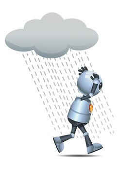 illustration of a happy droid little robot wet running in the rain on isolated white background