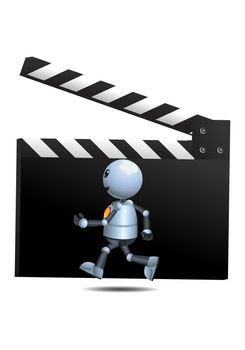 illustration of a happy little robot running in front movie clipper board on isolated white background