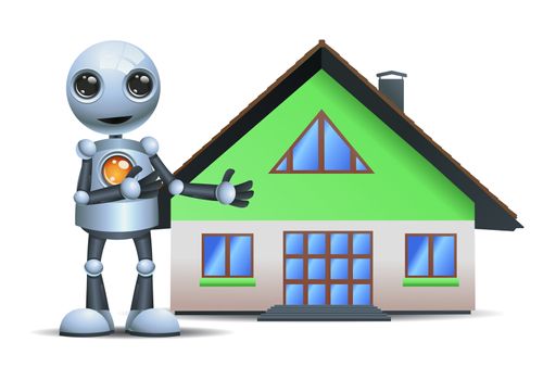 illustration of a happy little robot presenting a house on isolated white background