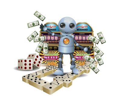 illustration of a happy little robot playing gambling on isolated white background