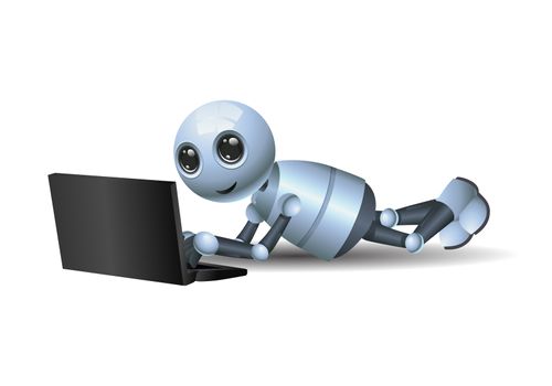 illustration of a happy little robot playing laptop on isolated white background