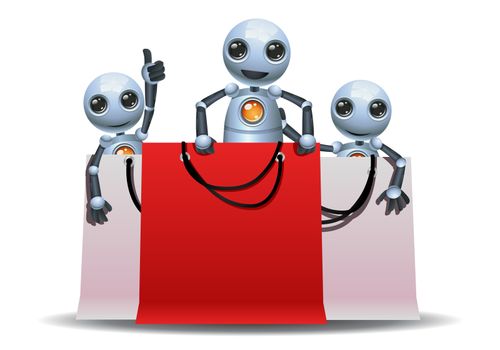illustration of a happy little robot playing in shopping bag  on isolated white background