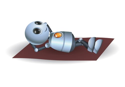 illustration of a happy little robot relaxing  laying on mattress on isolated white background