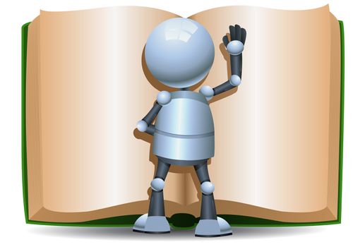 illustration of a happy little robot reading giant book on isolated white background