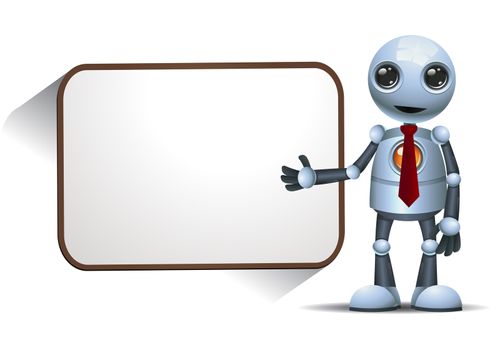 illustration of a happy little robot presenting blank  board on isolated white background