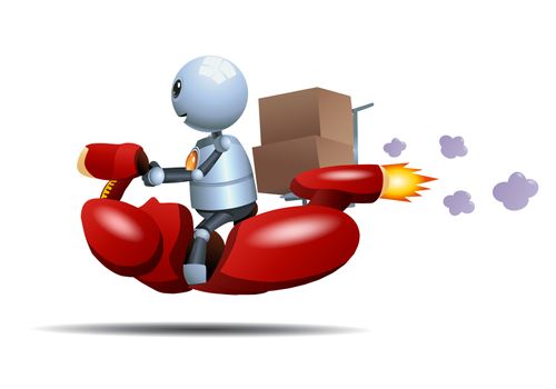 illustration of a happy little robot riding bike delivering box on isolated white background