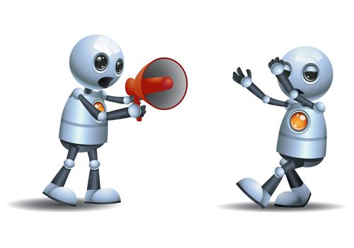 illustration of a little robot scolding using megaphone on isolated white background