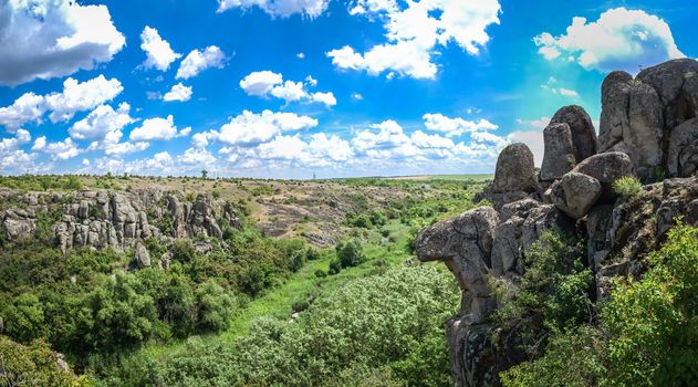 Panoramic view of deep granite Aktovo canyon with river and cloudy sky, One of the natural wonders of Ukraine.