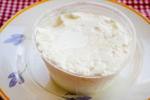 fresh italian ricotta cheese in a plastic mould on a dish