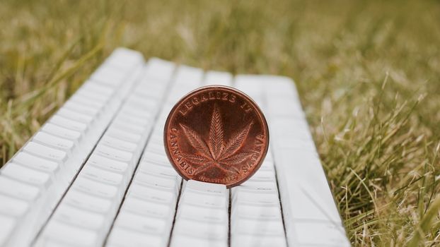 Brass cannabis sativa coin on the white keyboard in garden. Green concept.