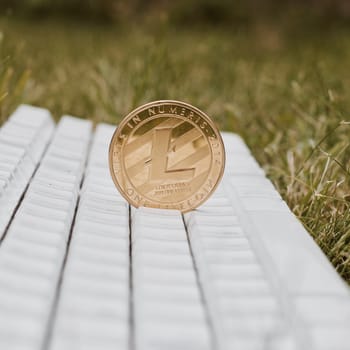 Cryptocurrency physical gold litecoin coin on white keyboard in green grass.