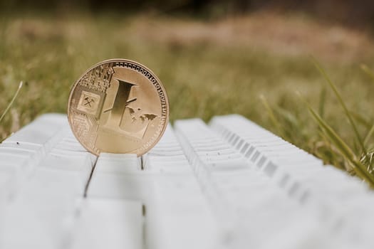 Digital currency physical gold litecoin coin on white keyboard in garden on green grass.