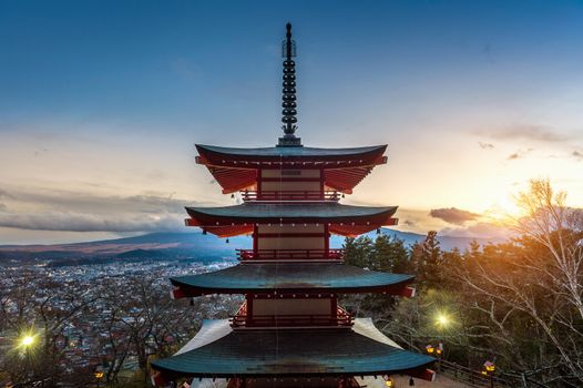 The red chureito pagoda at sunset, Japan.