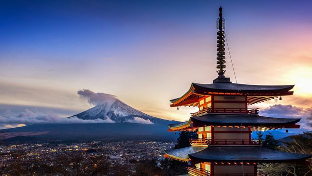 Beautiful landmark of Fuji mountain and Chureito Pagoda at sunset, Japan.