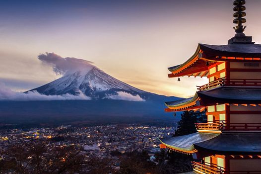 Beautiful landmark of Fuji mountain and Chureito Pagoda at sunset, Japan.