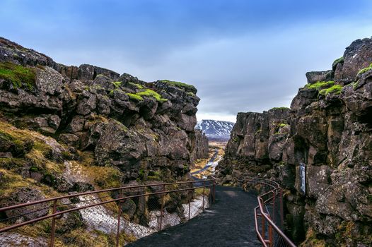 Pingvellir (Thingvellir) National Park, Tectonic Plates in Iceland.