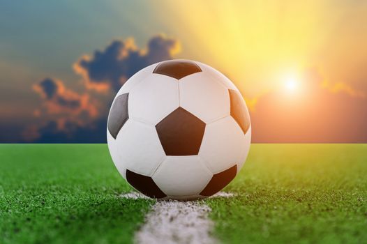 soccer ball on soccer field at sunset.