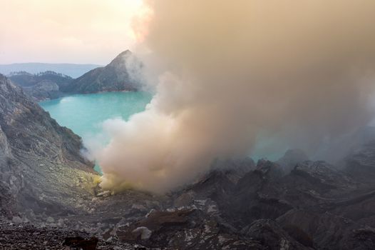 Sulfur fumes from the crater of Kawah Ijen Volcano in Indonesia