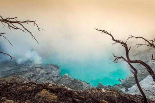Sulfur fumes from the crater of Kawah Ijen Volcano in Indonesia