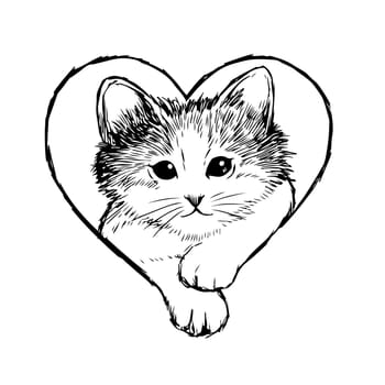 Little cat in heart frame hand drawn isolated on white background