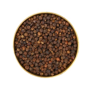 Close up one bronze metal bowl full of black pepper peppercorns isolated on white background, elevated top view, directly above