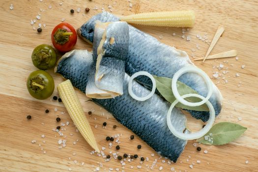 Herring fillet marinated. Cold appetizer. View from above.