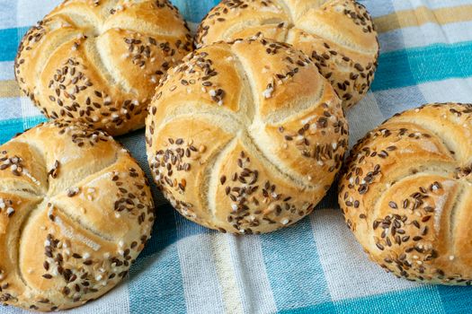 Group of baked bread kaiser, bakery products