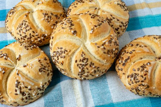 Group of baked bread kaiser, bakery products