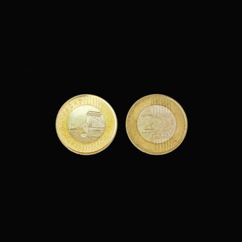 front and back of a coin of 200 Hungarian forints on a black background