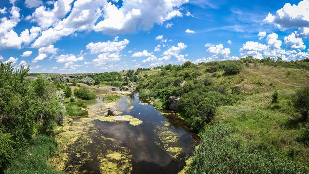 Panoramic view of Aktovskiy Canyon, Nikolayev region, Ukraine. River Mertvovod in a sunny summer day. One of natural wonders of Europe