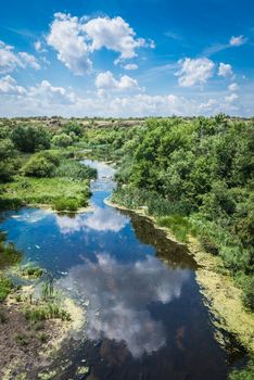 Panoramic view of Aktovskiy Canyon, Nikolayev region, Ukraine. River Mertvovod in a sunny summer day. One of natural wonders of Europe