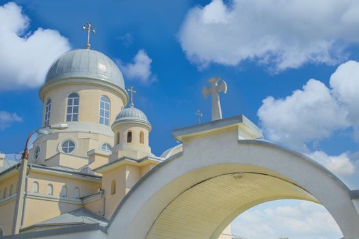 Orthodox christian church in Moldova over deep blue sky