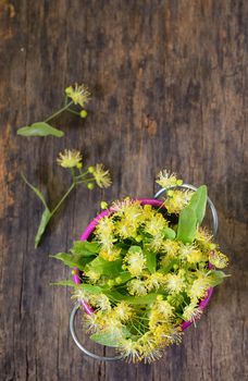 Flowers of linden tree in bucket on wooden