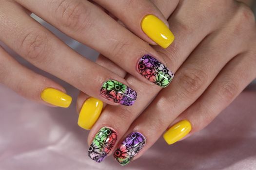 Summer manicure design with sunflower for beautiful girls