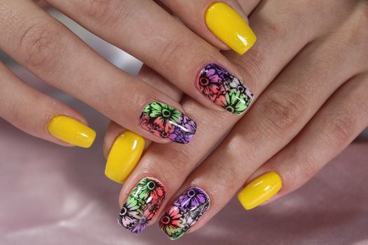 Summer manicure design with sunflower for beautiful girls