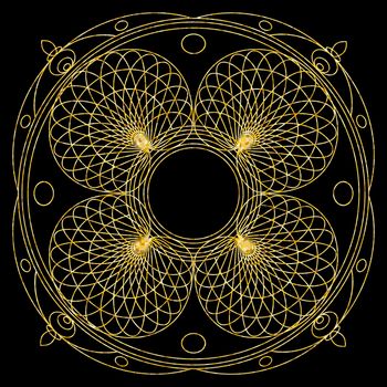 Gold mandala for coloring book. Decorative black round outline ornament. Unusual flower shape. Oriental and anti-stress therapy patterns. yoga logos design element.