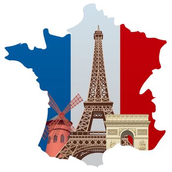 concept illustration of french landmarks with map and flag
