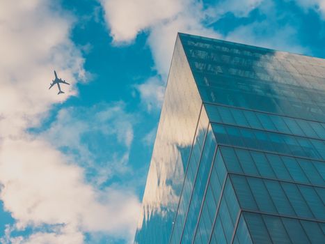 Airplan and Skyscraper Buildings, Sky View in Big City